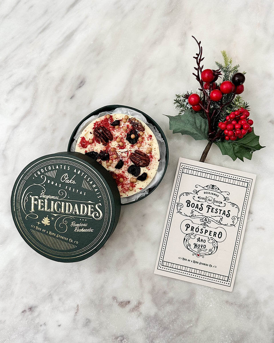 Caixa Redonda com Barra de Chocolate Especial de Natal