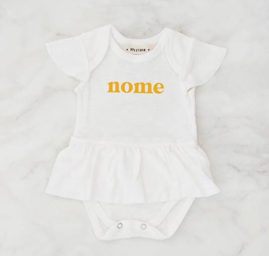 Body saia bebê off white com amarelo